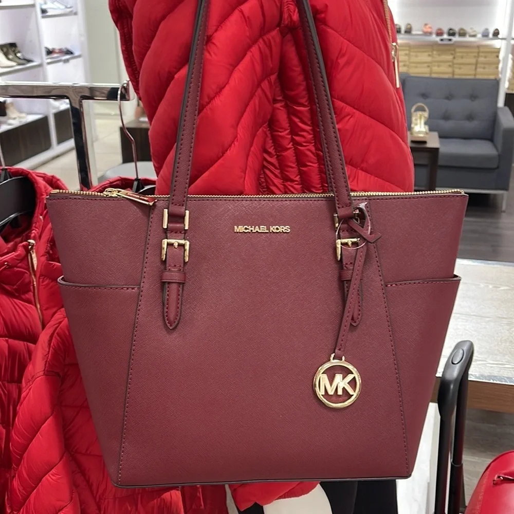MICHAEL KORS Charlotte Large Leather Top-Zip Tote Dark Cherry NWT